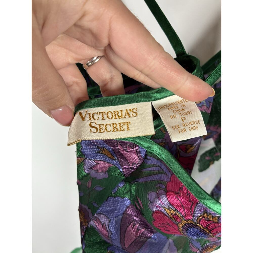 Vintage Victoria’s Secret Gold Label XS/S Green Floral Teddy Chiffon Ruffle 90s - Picture 6 of 8